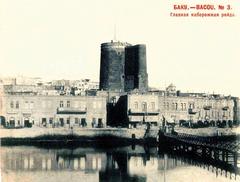 Maiden Tower depicted in an old vintage postcard style