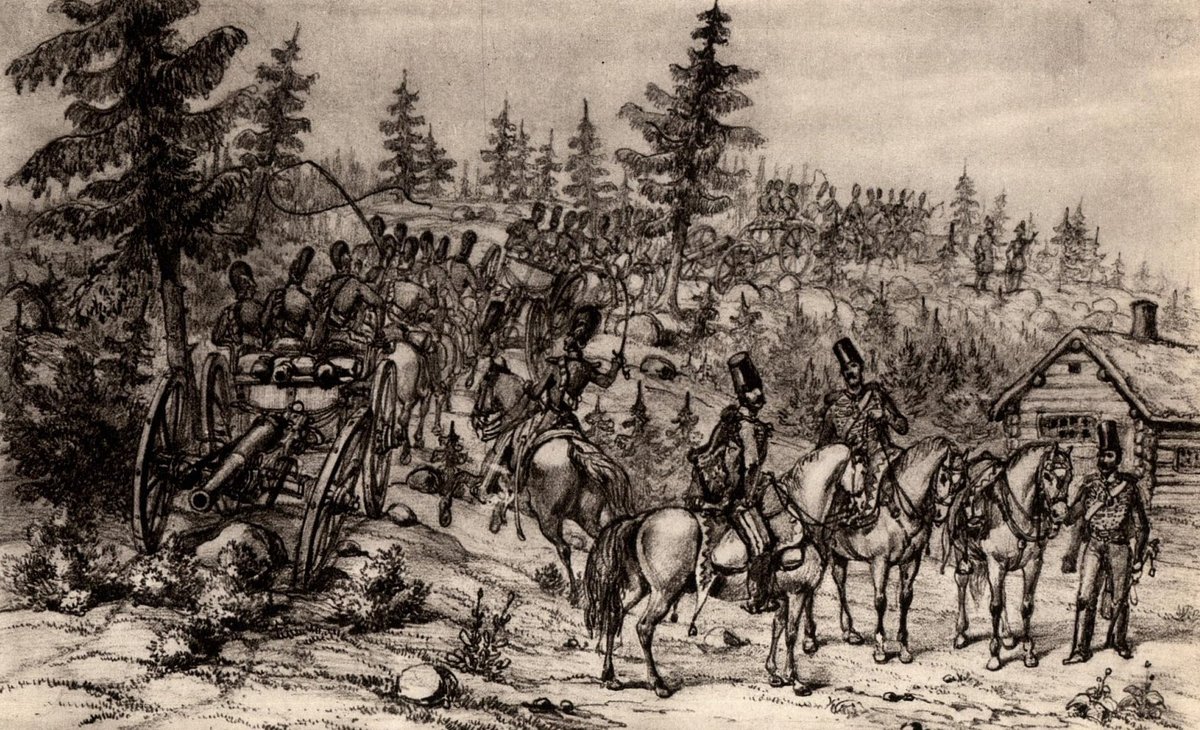 Swedish horse artillery maneuver in rugged terrain in the 1840s pen drawing