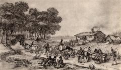 Royal Swedish Army baggage train passing soldier cabin in 1840s