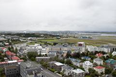 View of Reykjavik cityscape from Hallgrimskirkja with Reykjavik Airport in the background