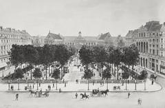 Elevated view of Square Émile-Chautemps gardens surrounded by multi storey buildings with people promenading and horse drawn carriages