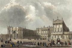 Engraved image of Buckingham Palace showing its grand façade with a detailed architectural design