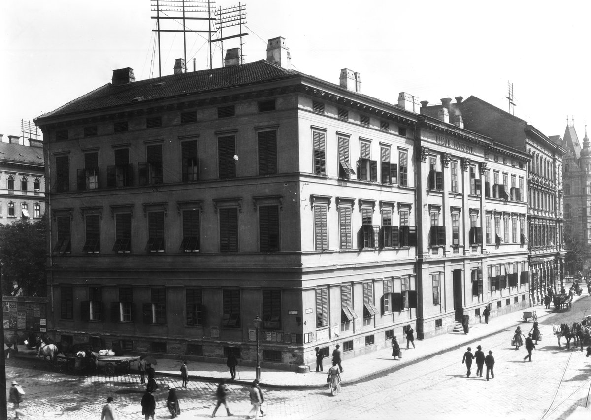 Historic view of Liszt Ferenc Square and Király Street corner with the former Institute for the Blind building, now the Music Academy, Budapest