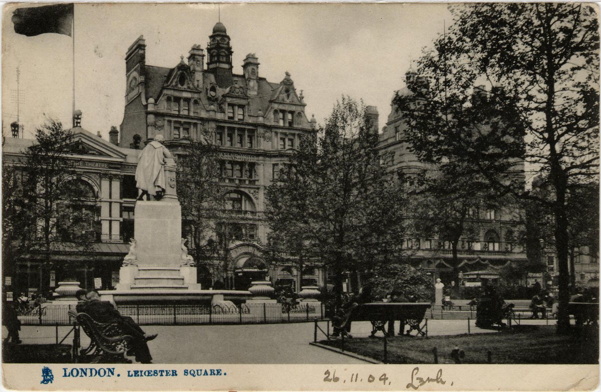 Vintage postcard showing Leicester Square in London with early 20th century buildings and street activity