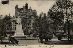 Vintage postcard showing Leicester Square in London with early 20th century buildings and street activity