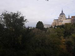 Almudena Cathedral across the valley at sunset with clear sky