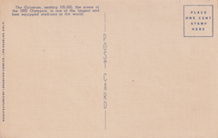 Back of a postcard showing the Los Angeles Coliseum with handwritten notes.