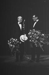 Maurice Chevalier farewell performance flowers after show at Concertgebouw Amsterdam 1968 black and white