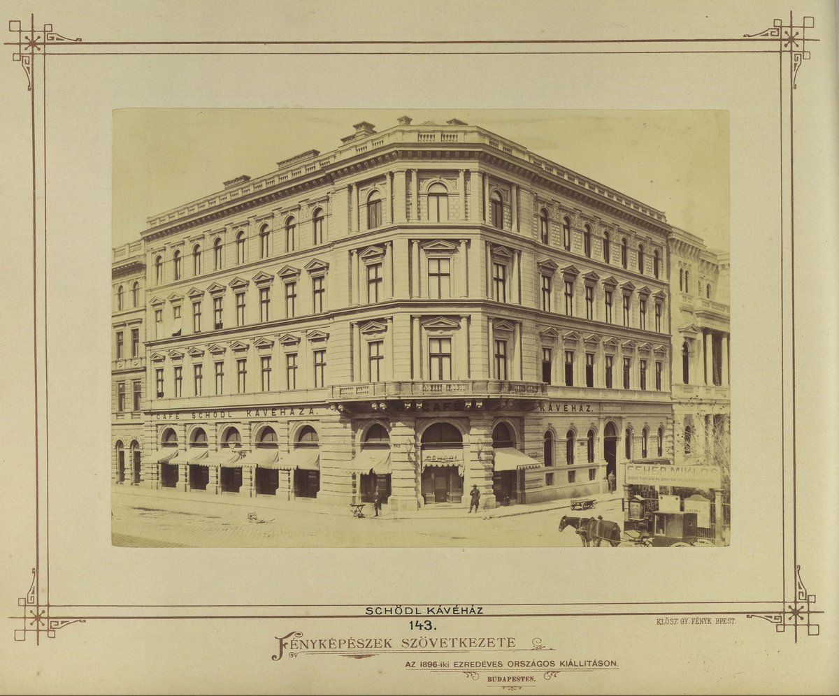 Historic view of Bródy Sándor utca 2 and Fechtig-ház building at the corner of Múzeum körút in Budapest, circa 1876-1885