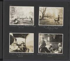 Four photos on an album page showing a picnic in Shalimar Bagh, servant Alah Baksh with Tibetan mastiff Patiala, Jenny and Philips on a boat, and Harinxma and Jenny in a shop in Srinagar India in 1925