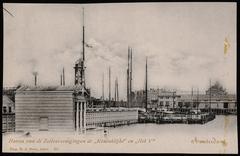 Westerdoksdijk with swimming pool and harbor of sailing clubs 'de Koninklijke' and 'het IJ', right side the Stenen Hoofd pier of Holland Amerika Lijn, vintage postcard from 1900
