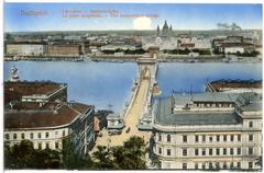Historical black and white photograph of Budapest's Chain Bridge (Kettenbrücke) from 1912