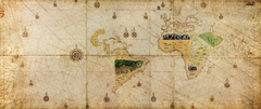 Geocarta Nautica Universale 1523 Turin Map depicting early 16th-century world maritime chart showing the Magellan expedition results and Pacific Ocean extent