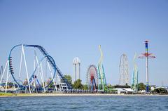 Lakeview of Cedar Point amusement park with roller coasters and water