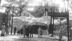 People walking towards Mt Ararat and Noah's Ark amusement park attractions at Cedar Point in Sandusky, Ohio around 1921
