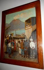 19th-century painting of Puppets' theatre at Naples harbour with Mount Vesuvius in the background