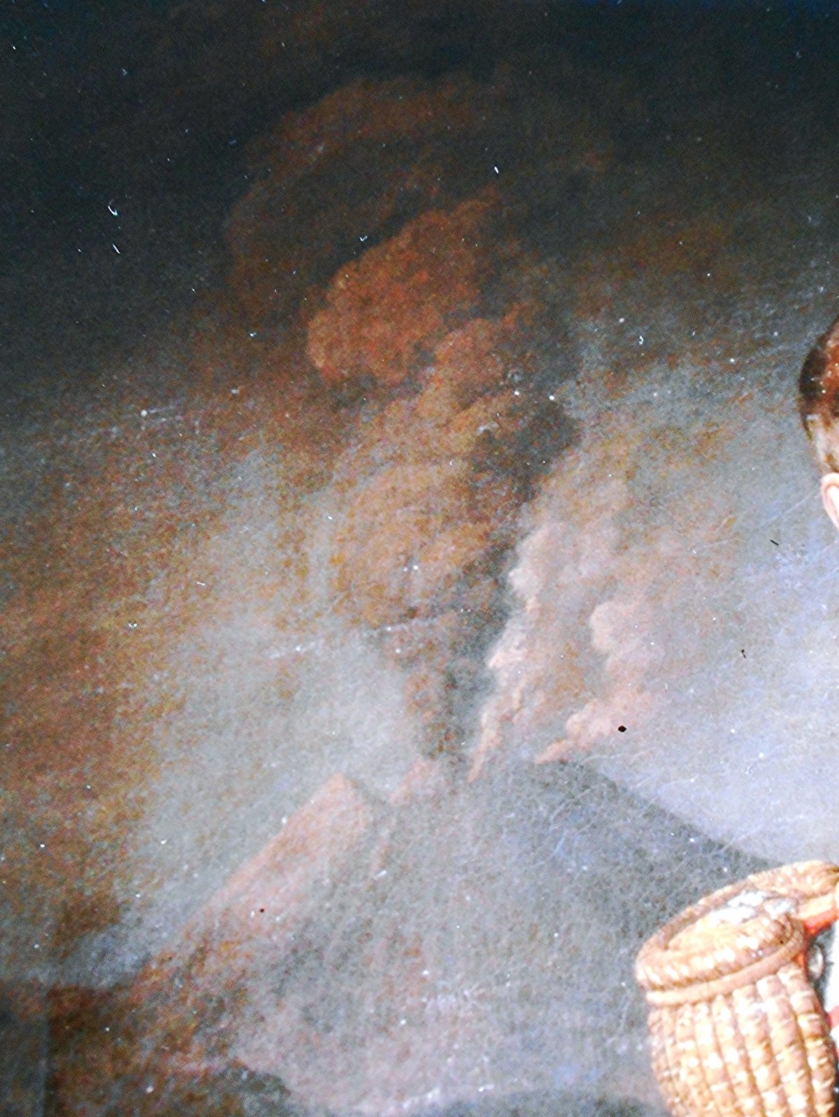 1834 artwork depicting the eruption of Mount Vesuvius with lava flows and smoke, background of portrait of Lucio Caracciolo di Roccaromana