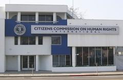 Citizens Commission on Human Rights facility on Sunset Boulevard, Hollywood with anti-psychiatry posters in windows