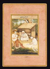 Painting of an astrologer and holy men at a hermitage, possibly depicting Guru Amar Das, late 17th century Persian miniature art