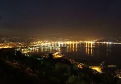 Aerial view of Golfo La Spezia with coastline, blue waters and boats