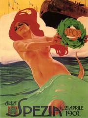 Vintage poster of the ship Roma's launch at La Spezia by Leopoldo Metlicovitz