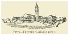 Historic black and white photo of Portland Union Passenger Depot in 1891