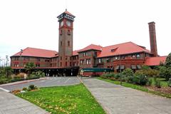 Portland Union Station building in Portland Oregon with clocks and columns