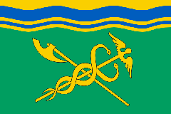 Flag of Zamoskvorechye municipality in Moscow with a blue background featuring a yellow key crossed with a blue anchor and a red lion