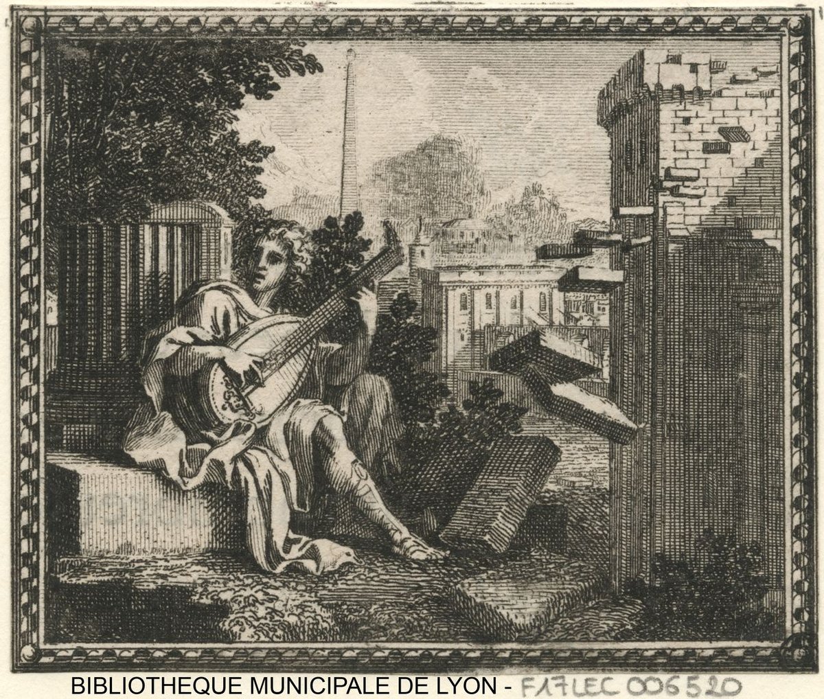 Amphion playing the lute to assemble the walls of Thebes with stones moving on their own