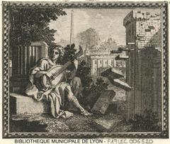 Amphion playing the lute to assemble the walls of Thebes with stones moving on their own