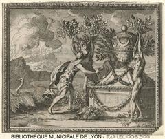 Mythological scene showing Clymene horrified as her three daughters transform into poplar trees near Phaethon's flower-decorated tomb, with Cygnus partially transformed into a swan in the background