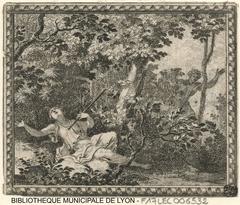 Procris dying from an arrow in her chest in a natural setting, with Cephalus arriving in shock in the background