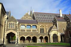 Christchurch Arts Centre historic stone buildings with Gothic architecture in Christchurch New Zealand