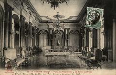 Interior view of the Governor's Palace Banquet Hall in Hanoi, featuring ornate ceiling and decorated walls