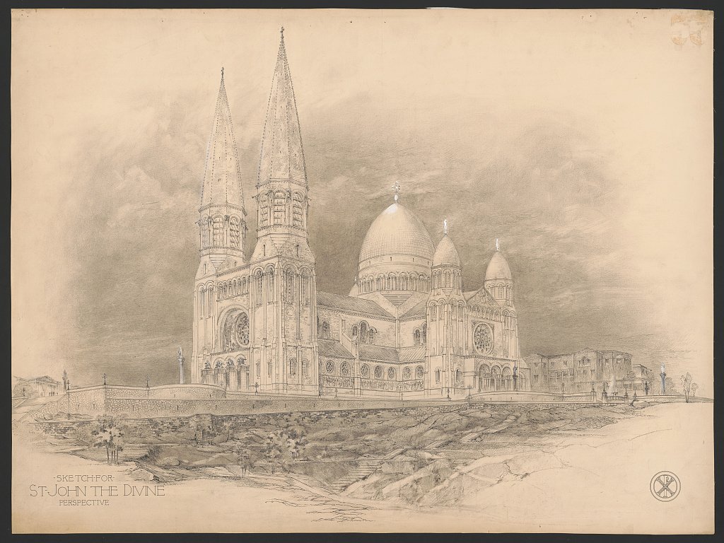 Cathedral of St. John the Divine in New York with detailed ink and watercolor drawing