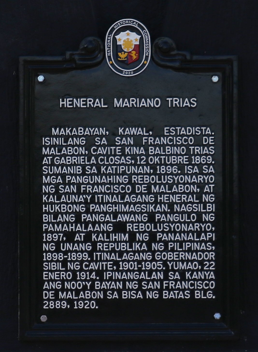 NHCP historical marker for General Mariano Trias