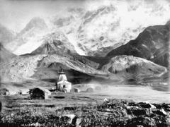 Early 1882 black and white photograph of Kedarnath temple in the Himalayas