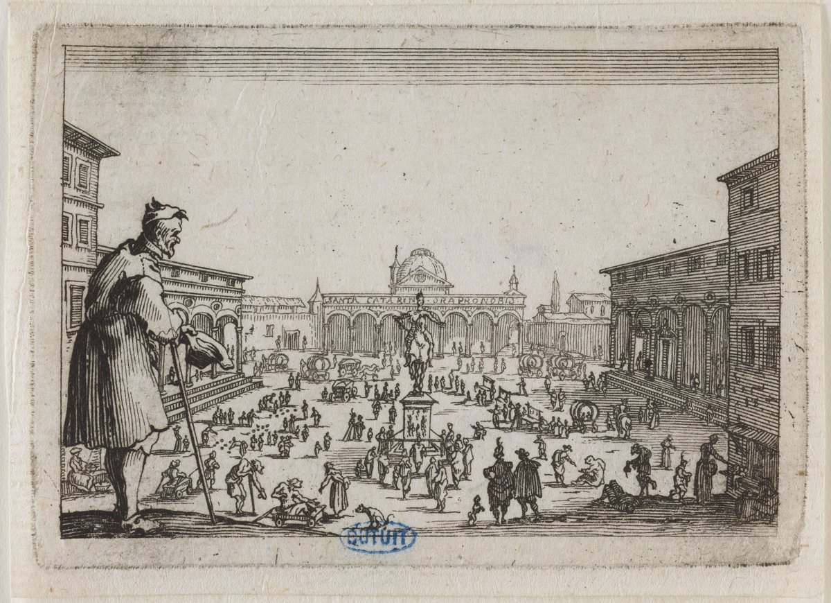 Original etching of Le Marché de la place de l'Annonciade in Florence by Jacques Callot, created in 1617, showing a detailed market scene