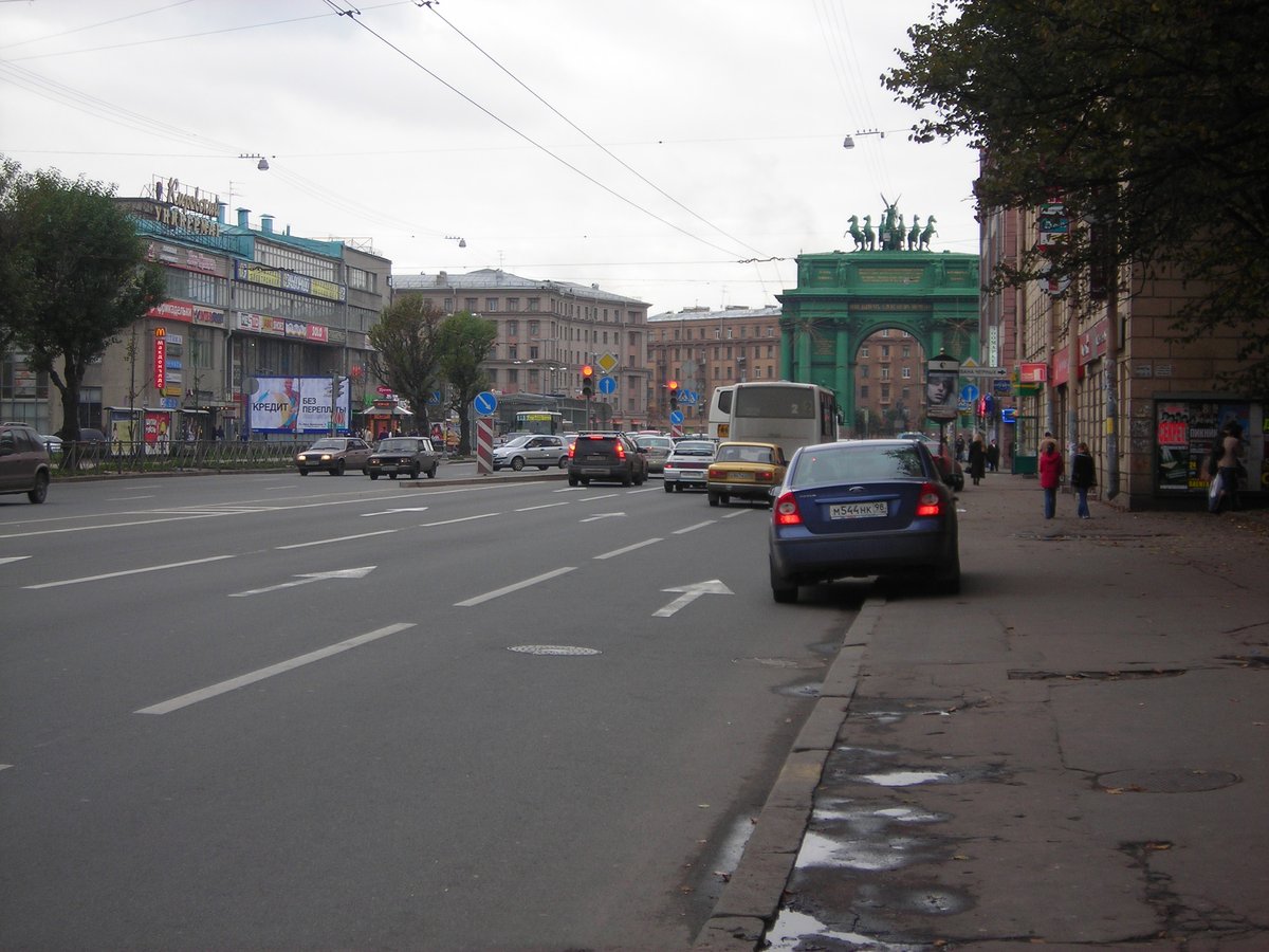 Beginning of Prospect Stachek in Saint Petersburg, Russia with historic buildings and street view