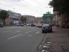 Beginning of Prospect Stachek in Saint Petersburg, Russia with historic buildings and street view