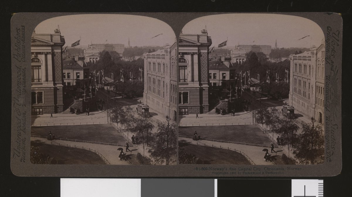 Street view of Stortingsgata in Oslo, Norway's capital city, historic black and white photograph