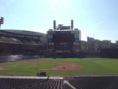 View of Comerica Park scoreboard from stands during baseball game