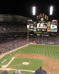 Comerica Park scoreboard showing game details during a baseball game in Detroit