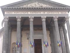Facade of Gran Madre di Dio church with its inscription in Torino