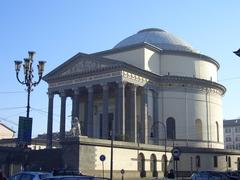 Front view of the Gran Madre church in Turin with columns and dome resembling the Pantheon in Rome