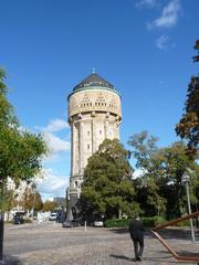 Water tower in Metz, France under a clear blue sky