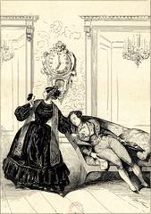 Scene from Act 1 of the opera-comique Le Domino Noir by Daniel-François-Esprit Auber featuring Horace pretending to sleep and Angèle, the Domino Noir, recognizing him