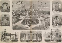 Collage of various Arcs de Triomphe in Paris including artists, workers, theaters, and Louis-Napoléon
