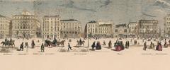 Panoramic hand-colored wood engraving of Paris boulevards including Place de la Concorde and Place de la Bastille with theaters and monuments