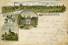 Vintage postcard of Evangelische Kirche and Schloss Morsbroich in Schlebusch from 1898